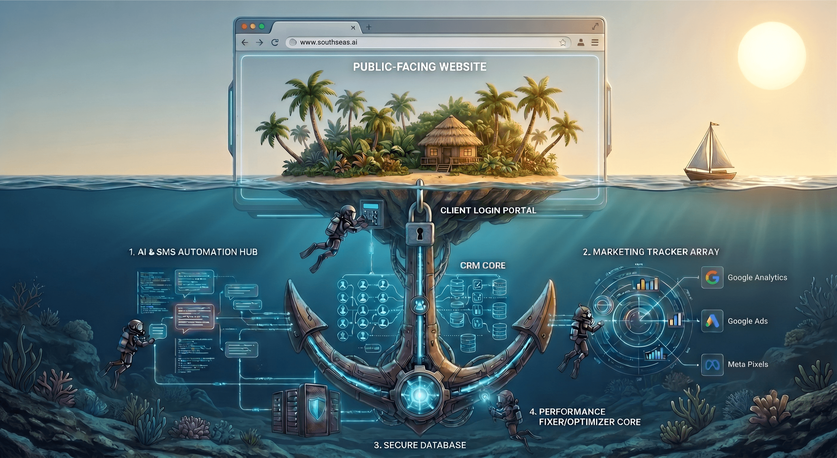 South Seas AI anchor system — a public-facing website above the water with the automation, CRM, database, and marketing systems running below the surface.