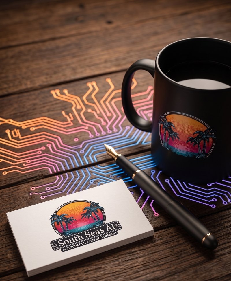 South Seas AI branded mug and business cards on a desk with glowing circuit-board lines
